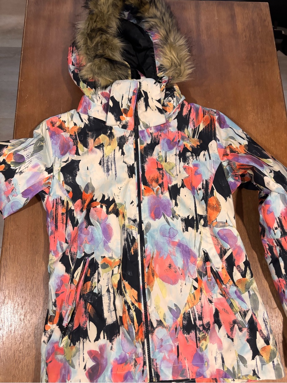 Roxy Women's Multicolor Floral-Print Raincoat with Faux-Fur Hood